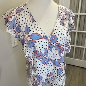 Veronica Beard White and Blue Floral Polka Dot Blouse